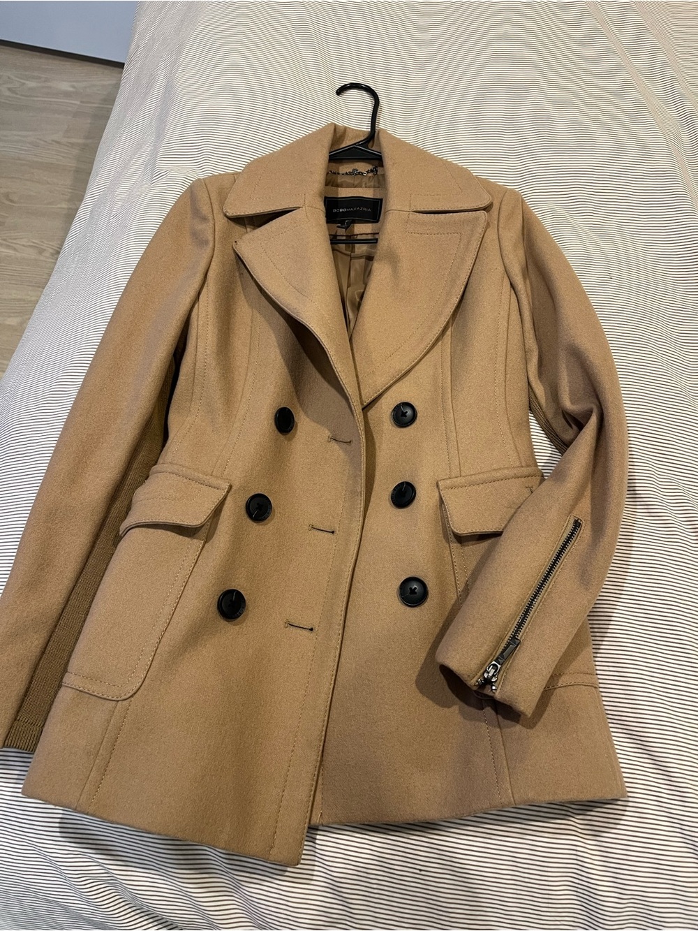 BCBGMaxAzria Camel Double-Breasted Wool Peacoat with Zip Detail